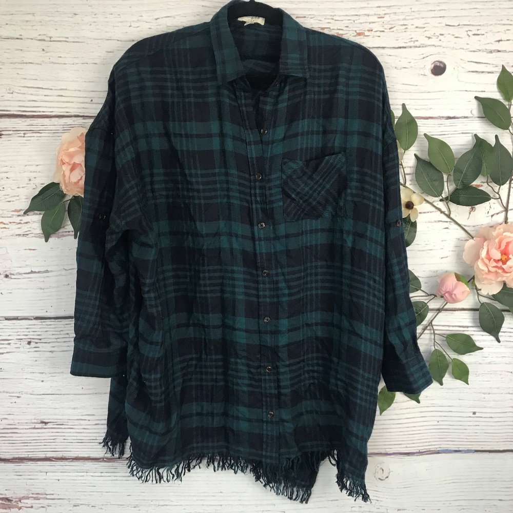 Umgee Size M Blue Green Raw Hem Button Down Top